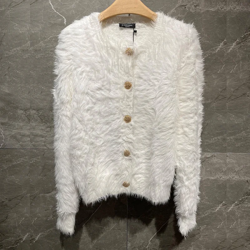 

Женский винтажный кардиган, элегантный белый плюшевый однобортный жакет из меха норки с О-образным вырезом, подиумная зимняя верхняя одежд...