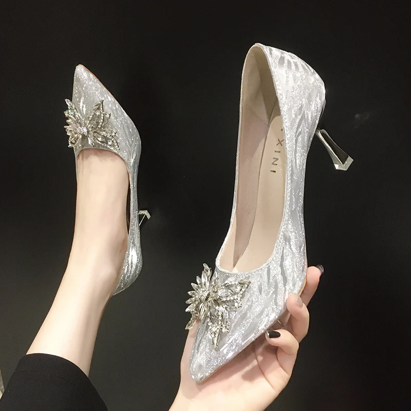 

Pumps Silver Rhinestone High Heels Woman Spring 2022 Stiletto Shoes Elegant Medium Heel 6-8CM Sequin Cloth Bow Sexy Party Shoes