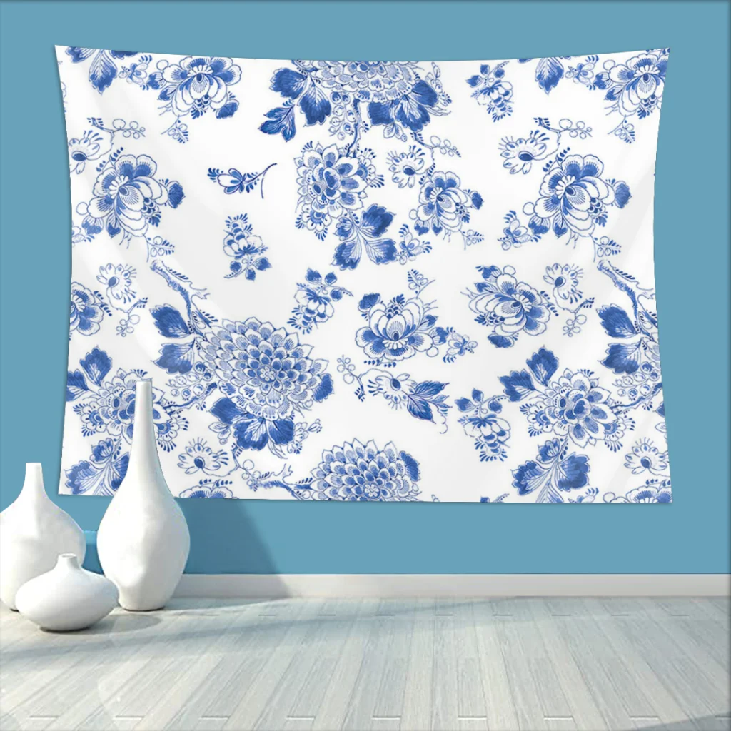 

Fiowers Bedroom Tapestry Blue Delft Art Background Hanging Covering Living Room Arts Decor Ornaments Gobelin