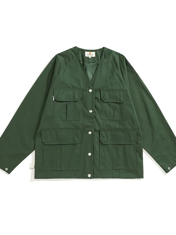 Vintage Japan Streetwear Cargo Fashion Jacket Men V-neck Multi-pocket Loose Coat Outerwear Tops Cityboy Outdoor Jacket Overcoat