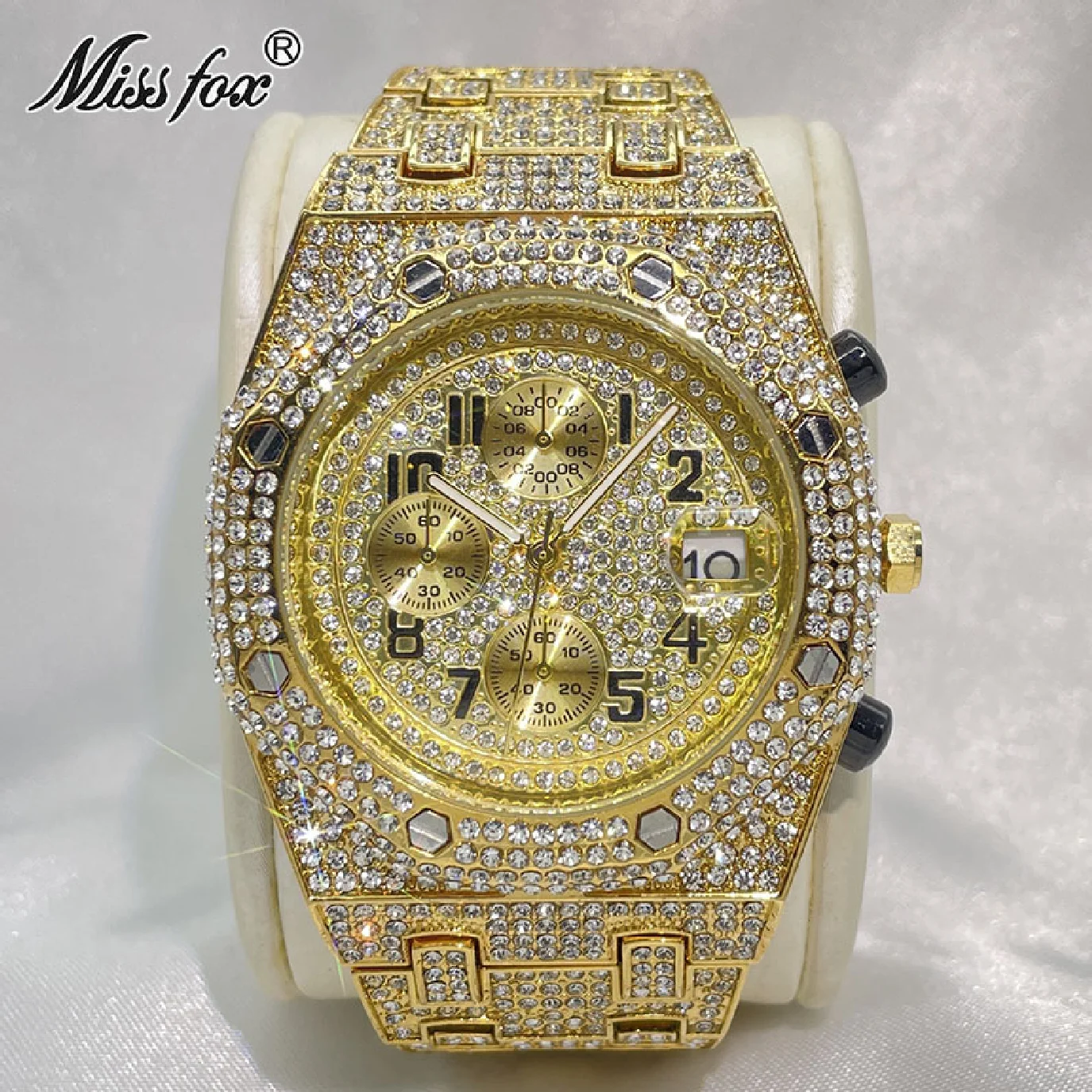 

MISSFOX Luxury Gold Watch For Men Full Iced Out Diamond Chron WristWatch Fashion Hip Hop Waterproof Quartz Clocks Replica Reloj