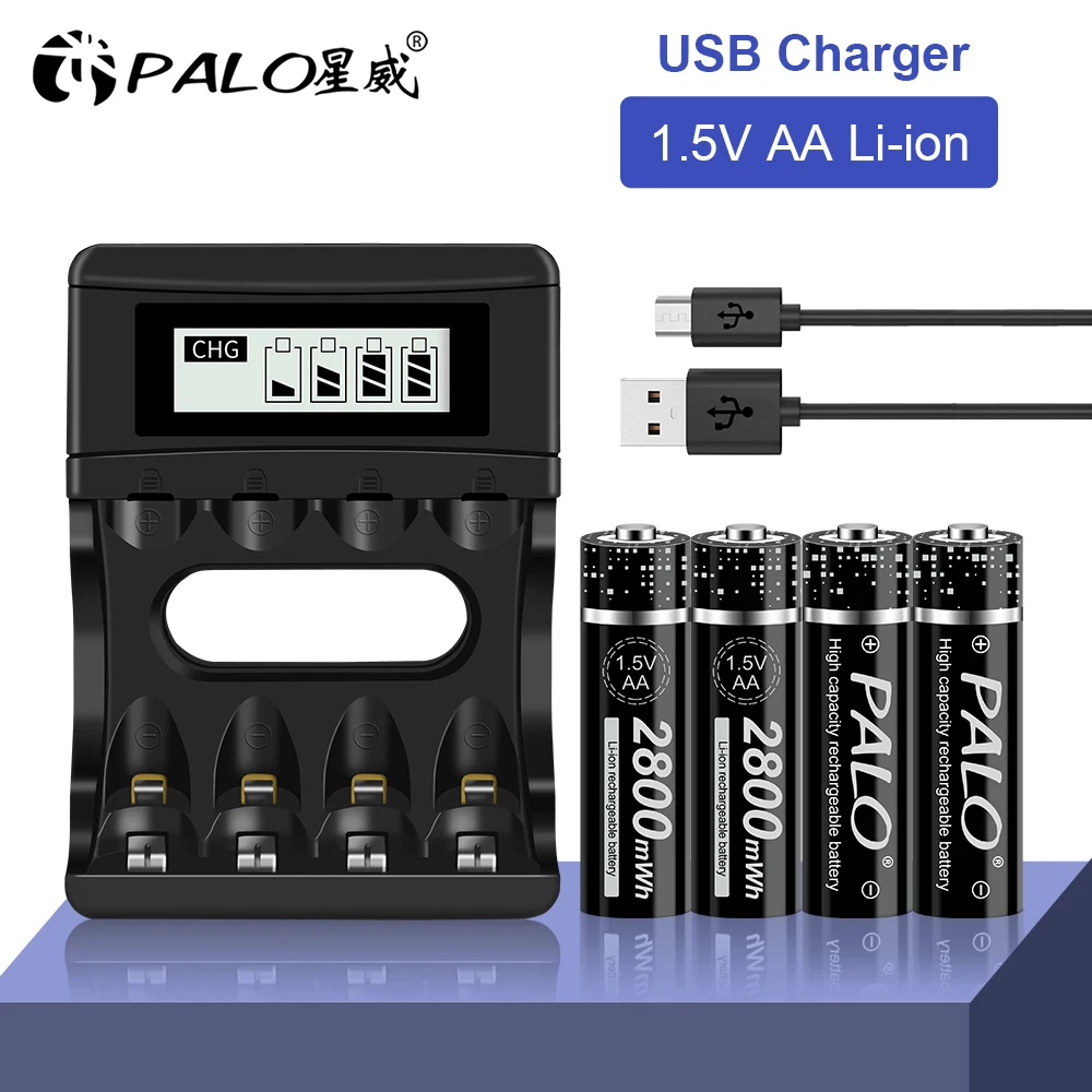 

PALO 1.5V AA Li-ion Battery Charger Lithium 2800mWh 1.5 V Liion AA Rechargeable Batteries for Remote Control Toy Battery Light