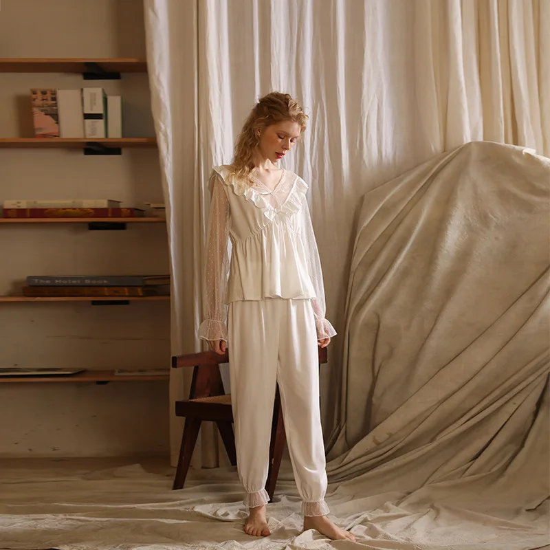 Women's Spring Autumn Sexy Lace Stitching V Neck Elegant Temperament Cotton Pajama Sets Sleepwear Pajamas Women's Sleep