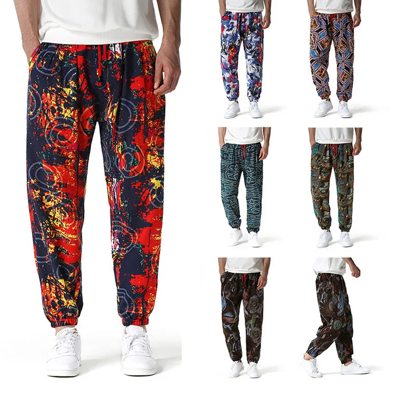 

Мужские спортивные брюки в этническом стиле с принтом, хлопковые повседневные брюки-султанки со шнуровкой, облегающие мужские брюки