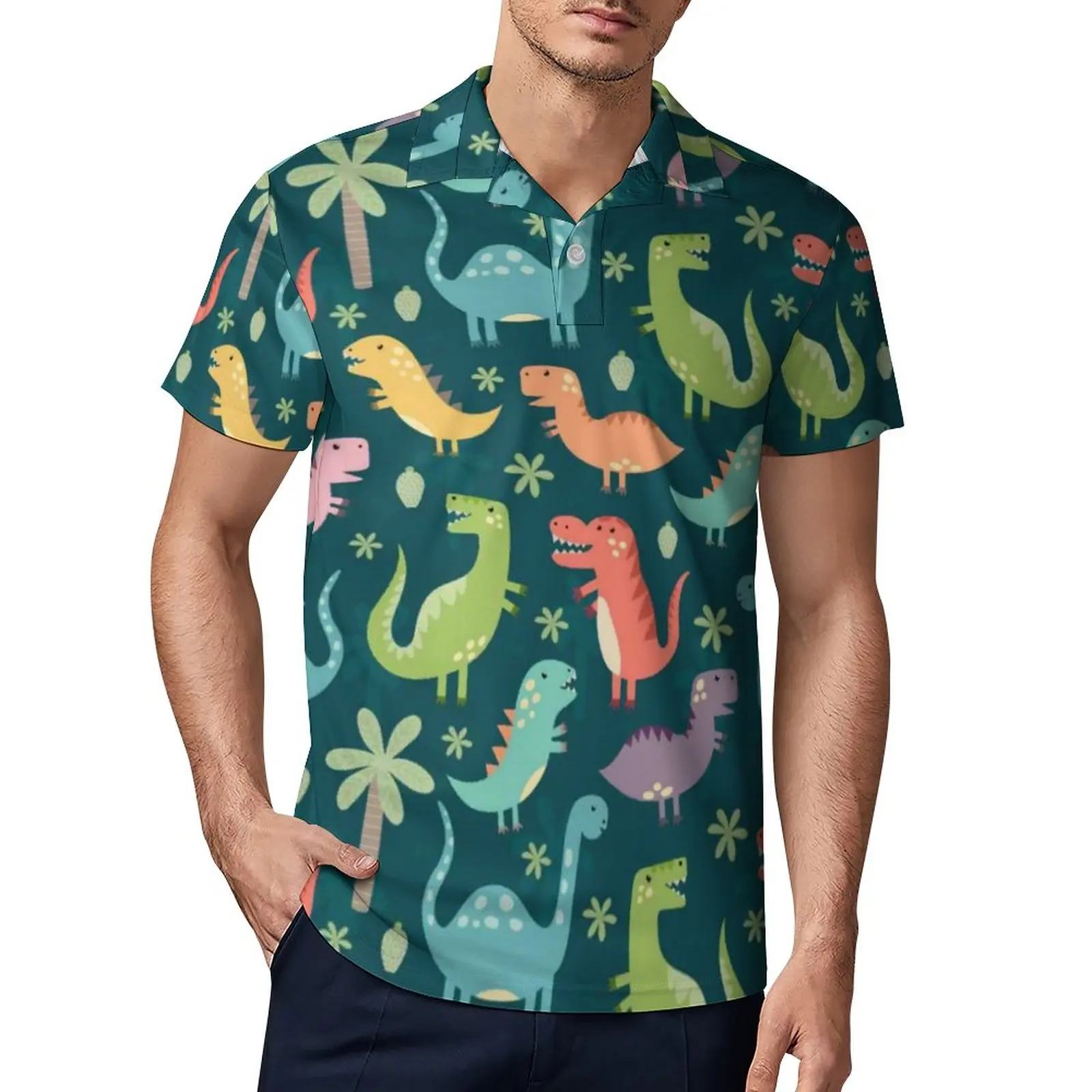 

Милые красочные рубашки-поло с динозаврами, Повседневная рубашка с тираннозавром Рекс, летняя модель мужских рубашек-поло с коротким рукав...