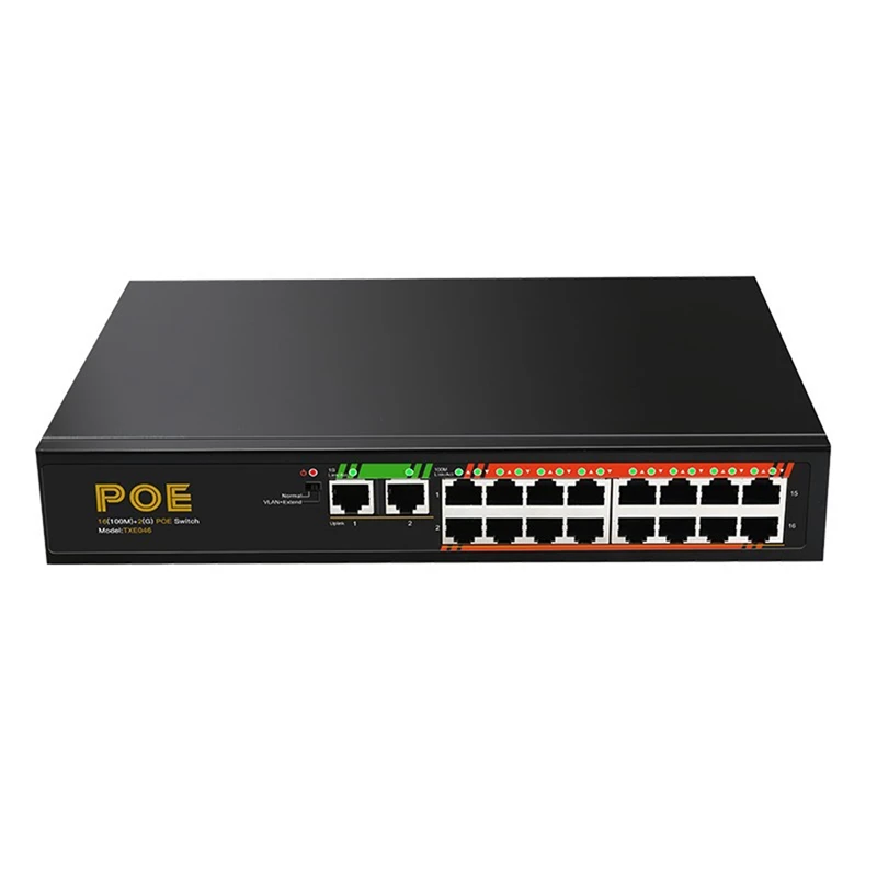 

16 Port 100M+2 Port Gigabit POE Switch Network Switch LAN Switching HUB Adapter Unmanaged Switch US Plug