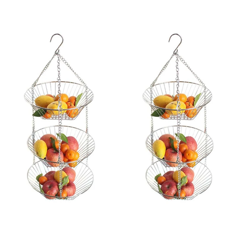 

2X Hanging Fruit Basket Iron Art 3-Layer Baskets Fruit Tray Drain Basket Household Fruit Bowl Storage Basket