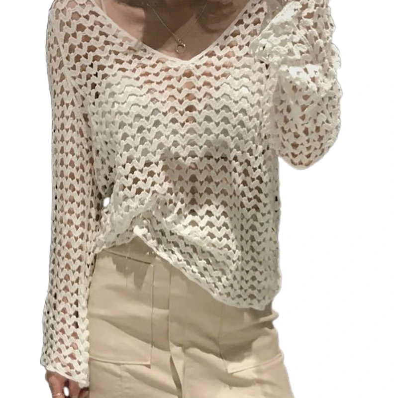 

New style Women Flare Long Sleeve Mesh Shirt Hollow Out Crochet Cover Up Beach Blouse Top