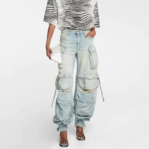Blue Hole Decorated Women's Jeans 2023 Spring And Summer New Heavy Washed Hand-painted Multi-pocket Work Pants