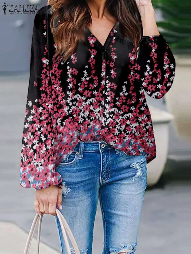 

ZANZEA Summer 2023 V Neck Tops Long Puff Sleeve Floral Print Blouse Chic Women Shirt Oversize Fashion Holiday Bohemian Chemise