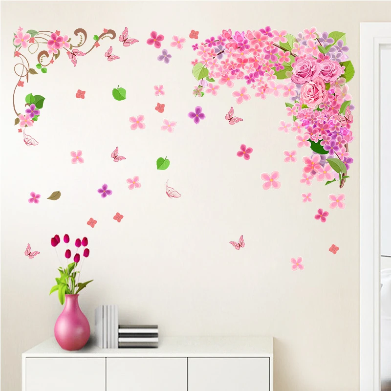 

Colorful Pink Flower Vine Butterflies Wall Decal For Girls Room Decorative Stickers Diy Plant Mural Art Poster Peel And Stick