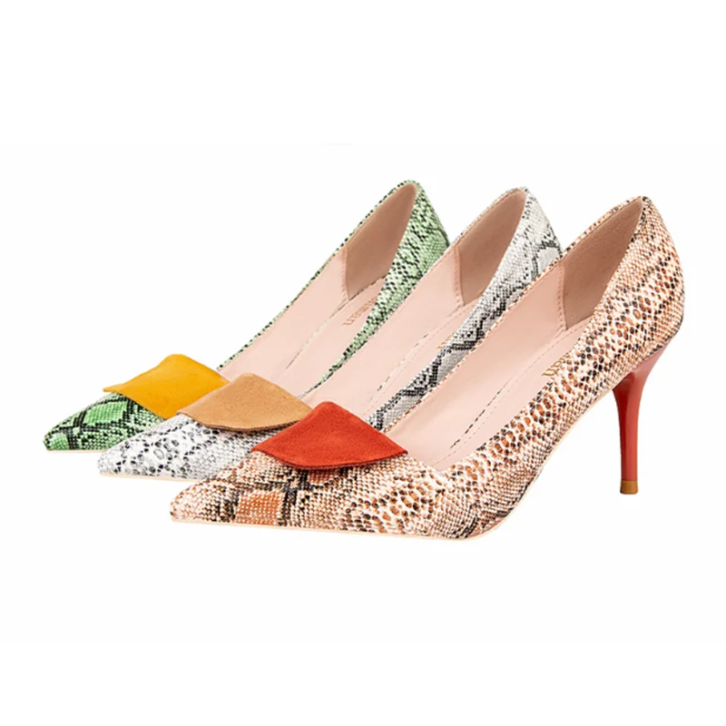 

Women Sexy Snake Texture Pumps Pointy Toe Applique Animal Printed 7cm High Heels Shoes Green Pinkish 41-34 25.5cm Tacones Mujer