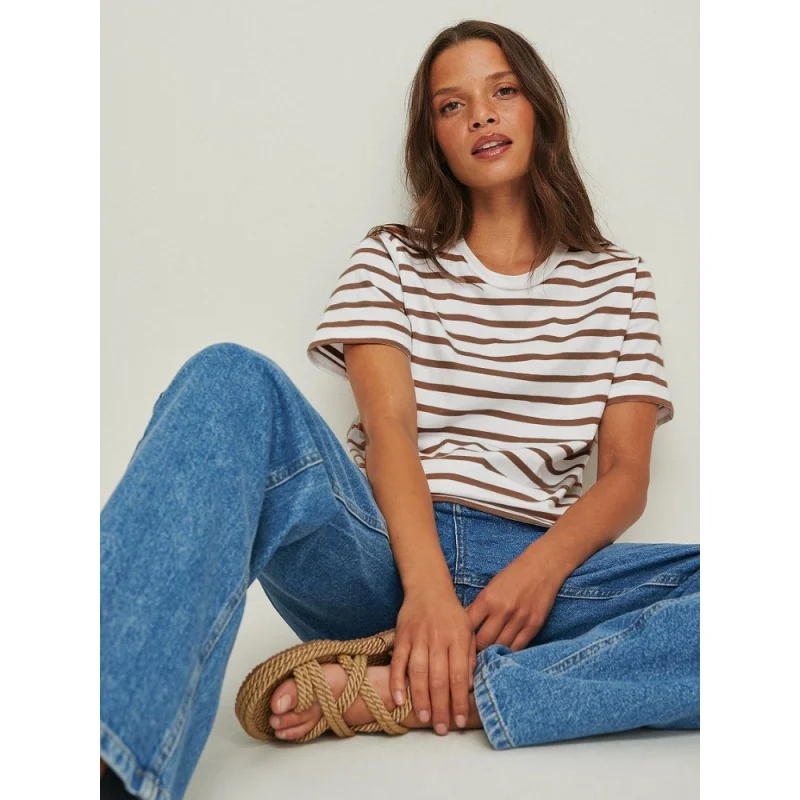 

Summer Short Sleeve Striped T-Shirts Women Knitted Basic Casual Tops Female Cozy Coose Cotton Tee 2023 Har. Shirku Shirt