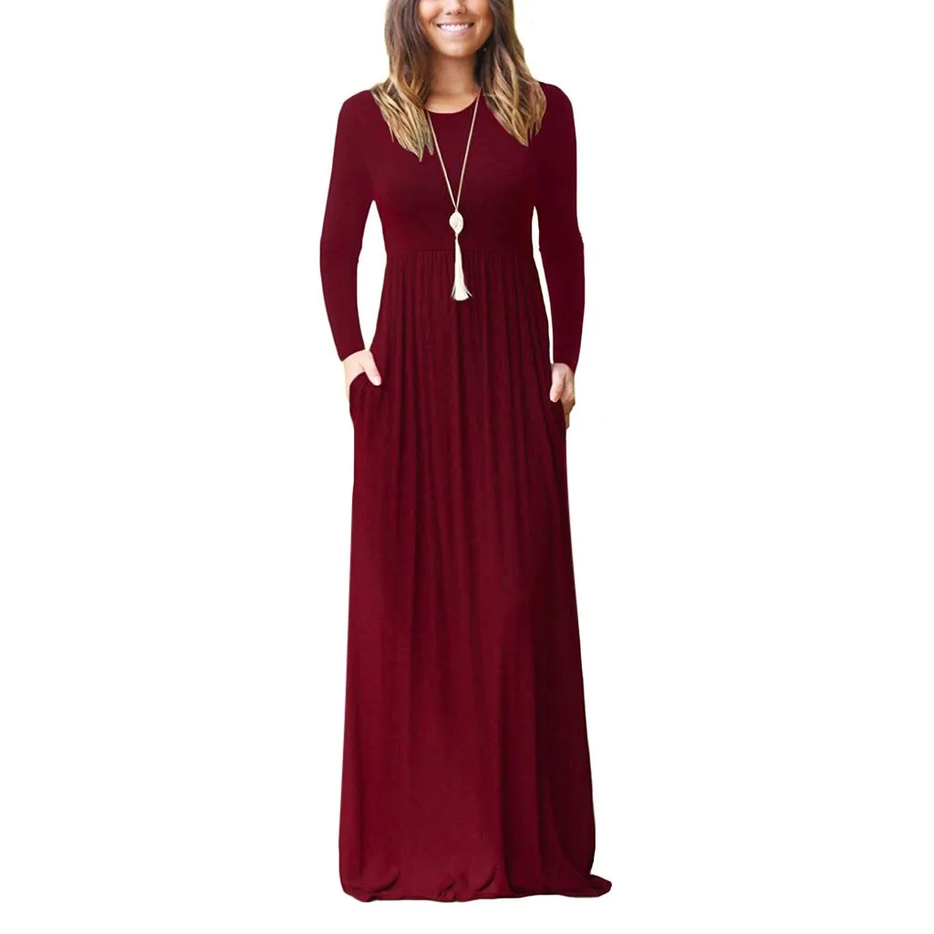 

Women's Casual Long Sleeve Round Neck Solid Tank Long Dress Cute Long Dresses for Women