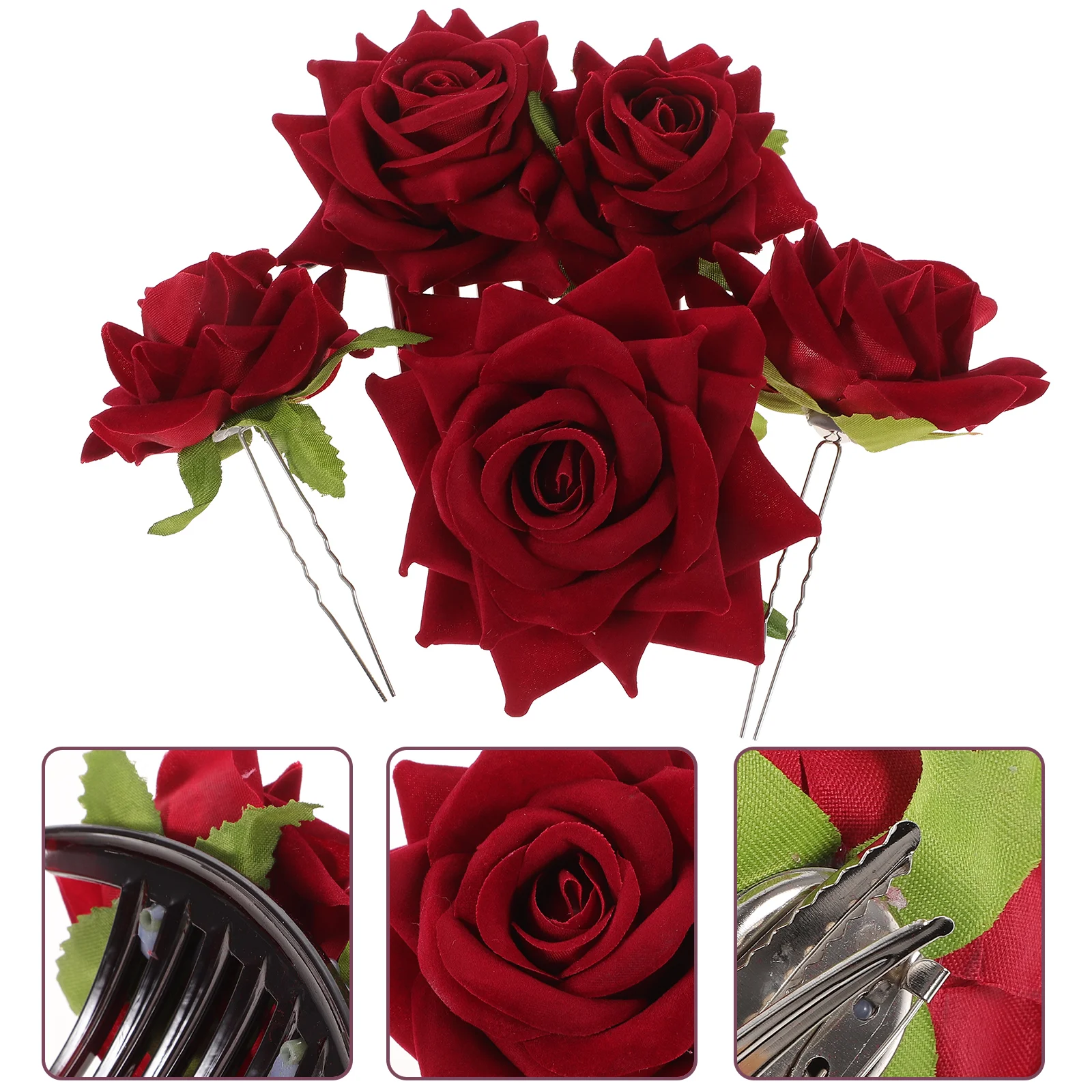 

Rose Hair Clip Lifelike Hairpin Decorations Wedding Accessory Girls Accessories Headdress Rhinestone Jewelry Bride Red