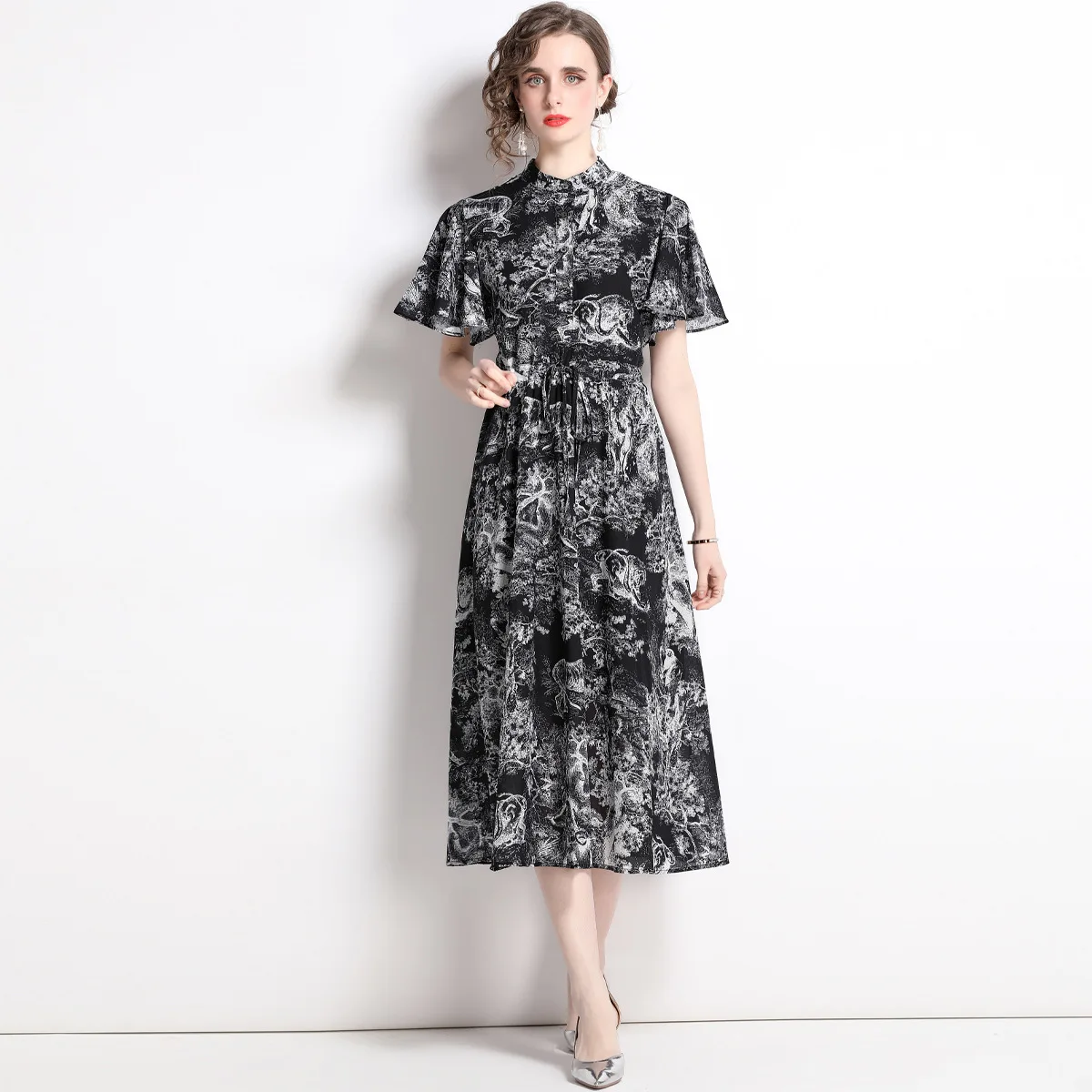 

2022 Women's Shirt Dress Summer C Lady Cover Up Wave Print Long Sleeve Stand Collar Casual Loose Holiday Midi-Calf Vestidos