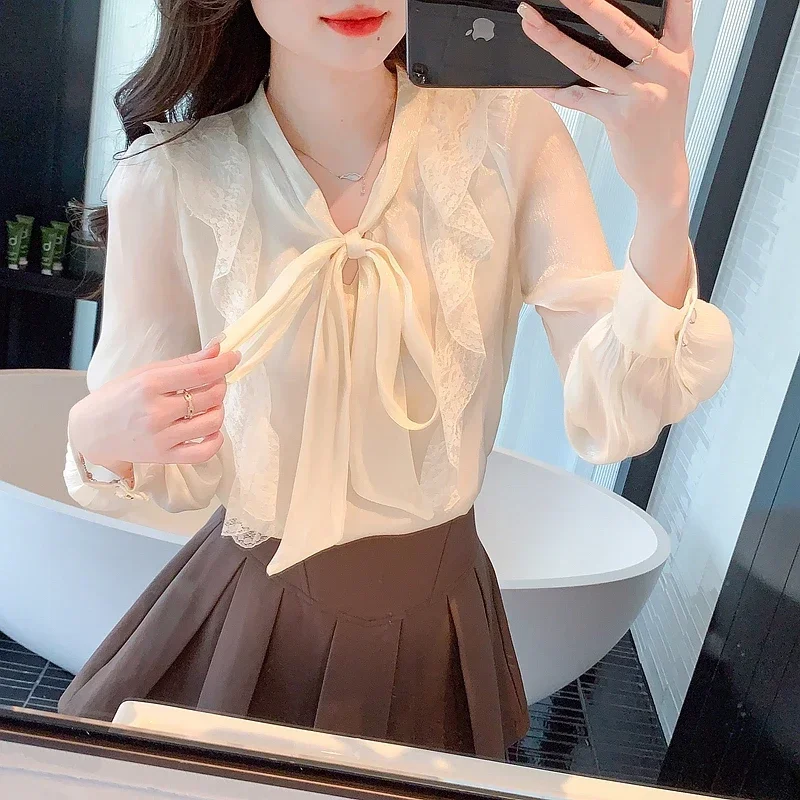 Новинка женская блузка с длинным рукавом и воротником-бантом шифоновая оборками