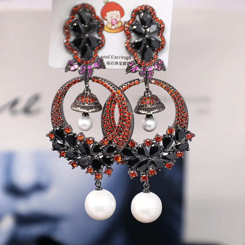 Brand Design Fashion Circle Pearl Eardrop For Women Brand Floral Bell Dangle Earings Gold Plated Cubic Zirconia Jewelry