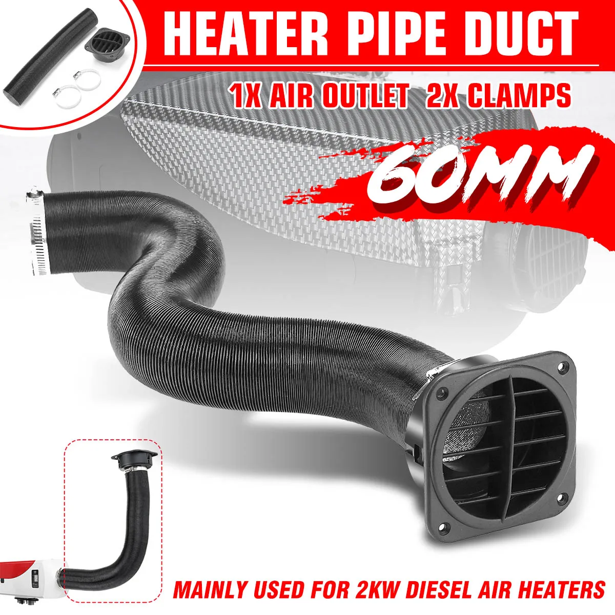 

60mm Heater Pipe Duct + Warm Air Outlet For Webasto Eberspacher Diesel Heater