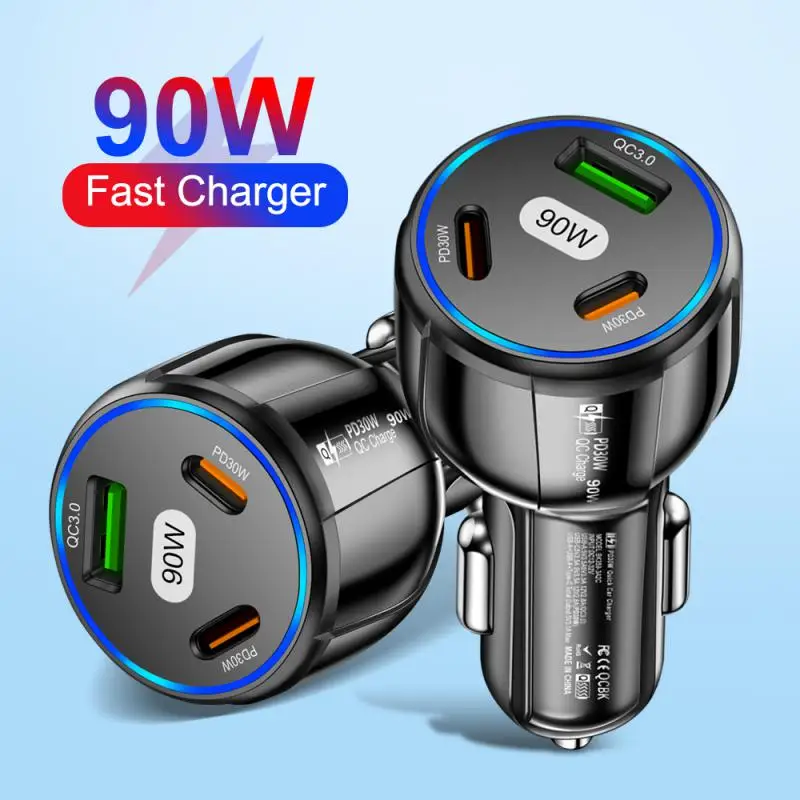 

3 Ports Car Charger 90W PD QC3.0 USB Fast Charging Auto Mobile Phone Charger Cigarette Lighter Power Adapter For iPhone Samsung