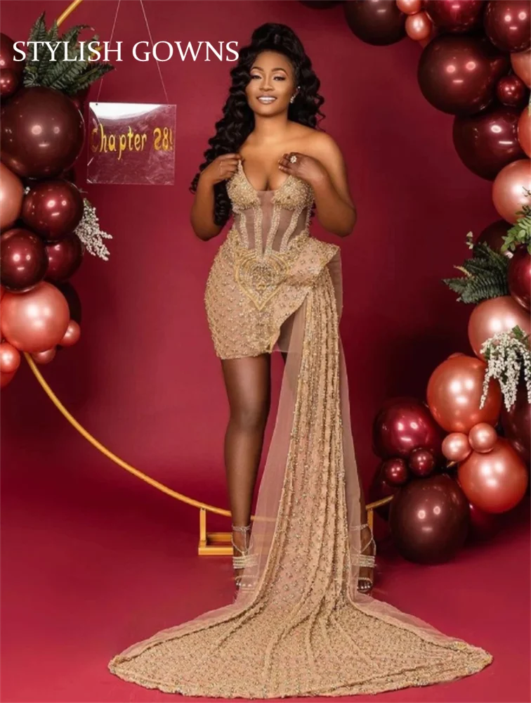 Купи Luxury Gold Sweetheart Short Prom Dress For Black Girls Lace Up Back Birthday Party Dresses With Tail Mini Cocktail Homecoming за 11,100 рублей в магазине AliExpress