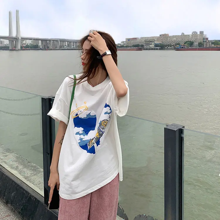 Летний новый костюм для женщин Студенческая Корейская версия свободная футболка