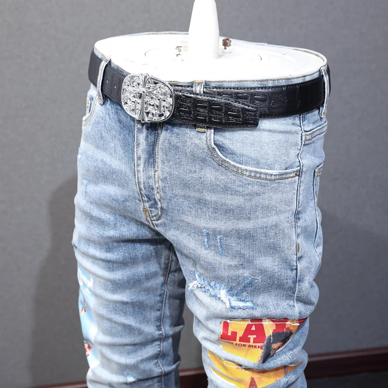 Fashion Streetwear Men Jeans Retro Blue Elastic Stretch Skinny Ripped Jeans Men Printed Patch Designer Hip Hop Brand Pants Homme