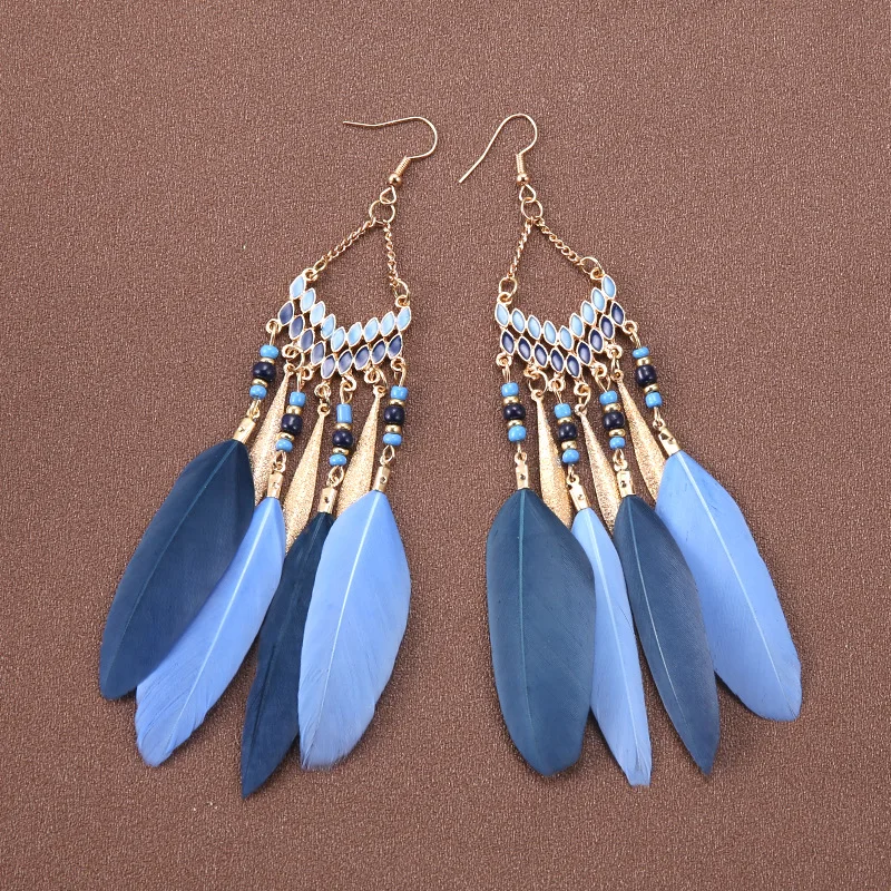 

Bohemian Colorful Long Feather Earrings For Women Vintage Ethnic Rice Beads Metal Leaf Tassel Earrings Female Wedding Jewelry