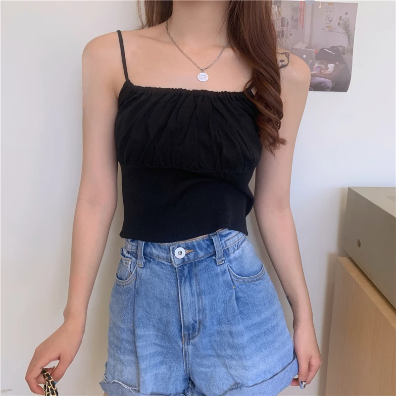 

Однотонный женский вязаный жилет, женский укороченный топ, летние топы 2021, Женский облегающий кроп-топ, милый женский плиссированный топ на бретелях