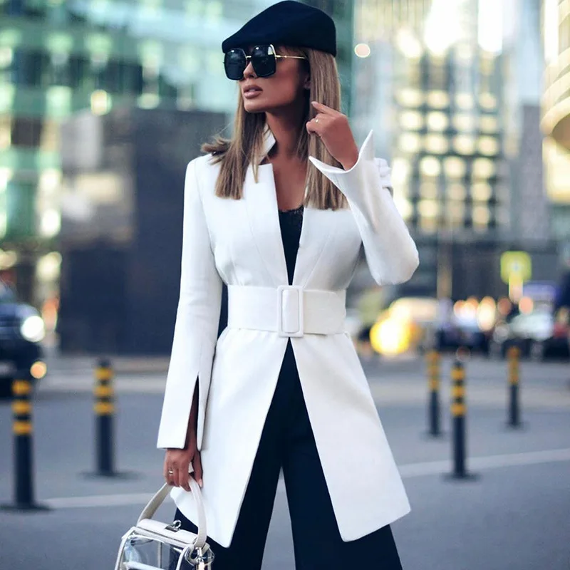 Simple Office Blazer with Free Belt Za Women Buttonless Solid Color Mid Length Casual Blazer Suit 2023 New Fashion Commute Wear