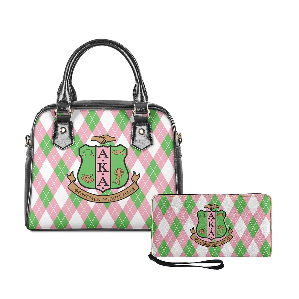 

Customized On Demand Shoulder Bag Wallets Women AKA Sorority Greek Letters Eco Print Lady Purse Handbag Tote Bag With Wallet Set