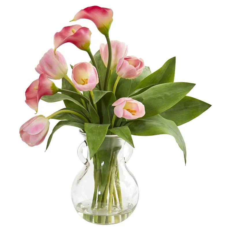 

Fabulous, Decorative Artificial Lily and Tulips Arrangement in Delightful Vase-A Great Gift for Home and Office Decor.