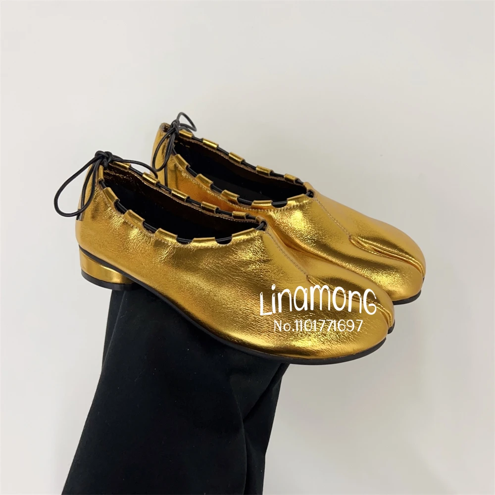 

Metallic Gold Tabi Leather Flats Elastic Strap Lace Up Shoes Split Toe Leather Shoes Novelty Fashion Design Women Handmade Shoes