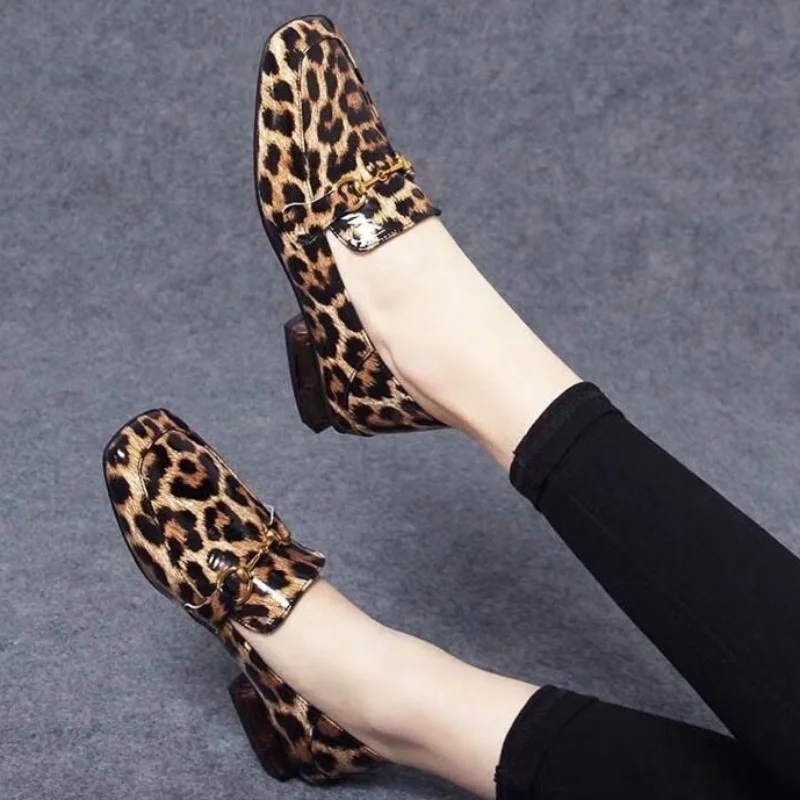 

Women's Square Toe Single Shoes 2023 Summer New Metal Button Leopard Heeled Shoes for Women Retro Shallow Slip on Ladies Pumps