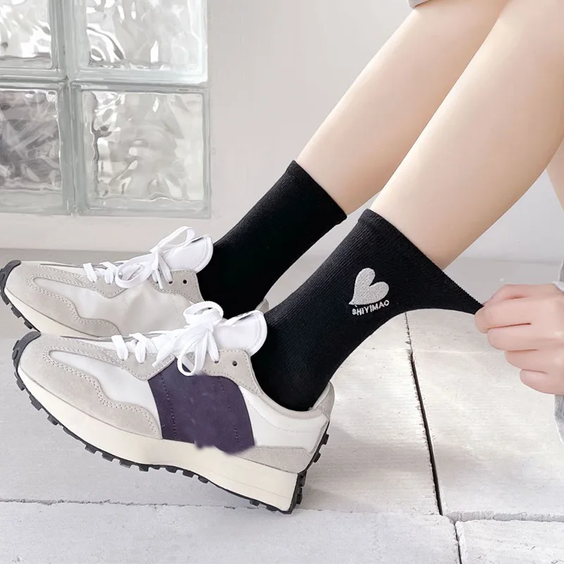 6 Pairs Socks For Women Christmas Gift Embroidered Heart Cotton Socks Korean Streetwear Winter Long Socks Woman Harajuku Style