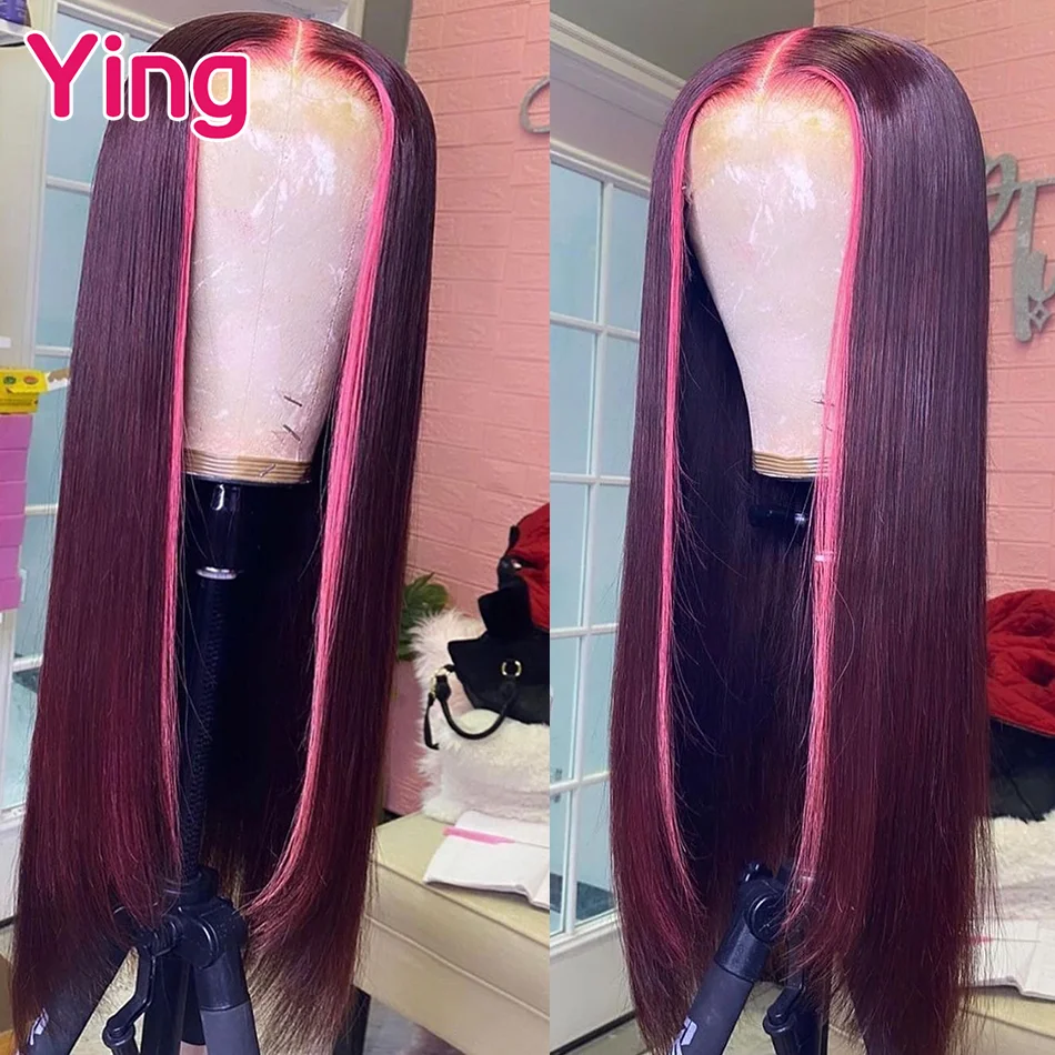 Pink Highlight 99j Burgundy Colored 13x6 Lace Frontal Wig Bone Straight Peruvian180% Remy 30 Inch 13X4 Lace Front Human Hair Wig