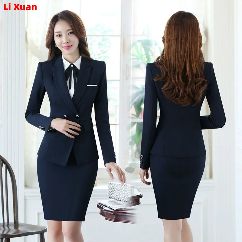 Korean High Quality Autumn Winter Formal Blazer Women Business Suits with Sets Work Wear Office Uniform Dark Blue Skirt Jacket