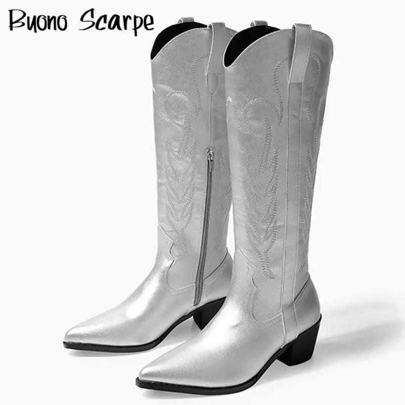 

Women's Embroidery Pattern Chunky Heel Boots Knee High Western Boots Pointed Toe Side Zipper Boots Ladies Fashion Retro Botas