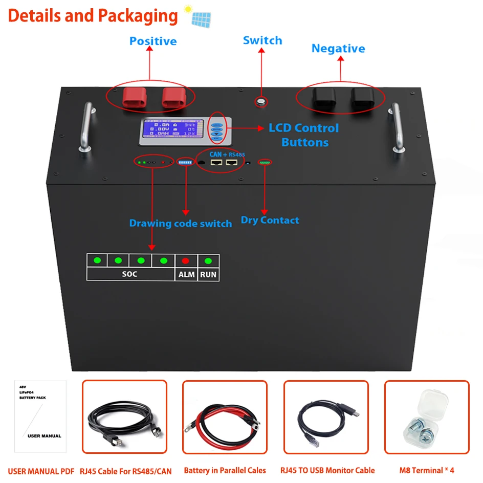 LiFePO4 48V 300Ah 200Ah 100Ah Battery Pack 15Kw 6000 Cycle 16S BMS 51.2V RS485/CAN PC Control Off/On Grid Solar Storage Battery