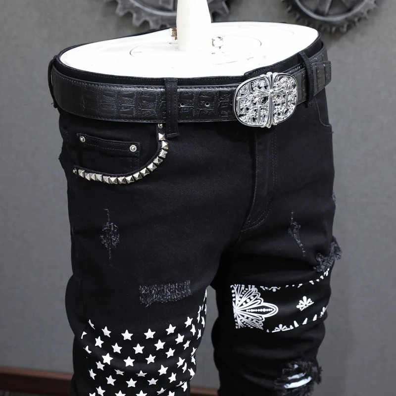High Street Fashion Men Jeans Black Elastic Skinny Fit Ripped Jeans Men Stars Plaid Patch Designer Hip Hop Brand Pants Hombre