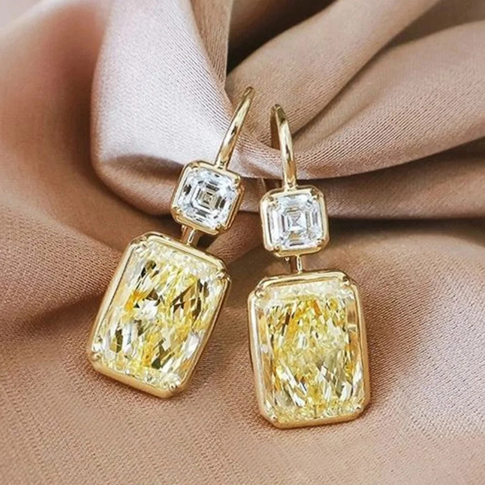 

ZHIXUN Simple Stylish Square Yellow Cubic Zirconia Hook Earrings Luxury Gold Color Women's Wedding Drop Earrings Fashion Jewelry