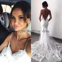 sexy new backless lace beads wedding dresses spaghetti straps mermaid layers appliqued boho bridal gowns