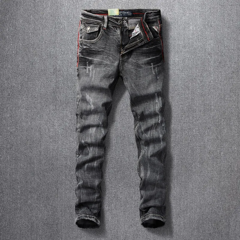 Fashion Designer Men Jeans Retro Washed Black Gray Elastic Stretch Slim Fit Ripped Jeans Men Trendy Designer Denim Pants Hombre