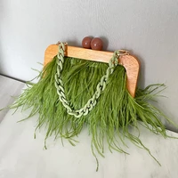 luxury ostrich feather handbag women retro wooden evening bags purse colorful acrylic chain party clutches ladies messenger bag