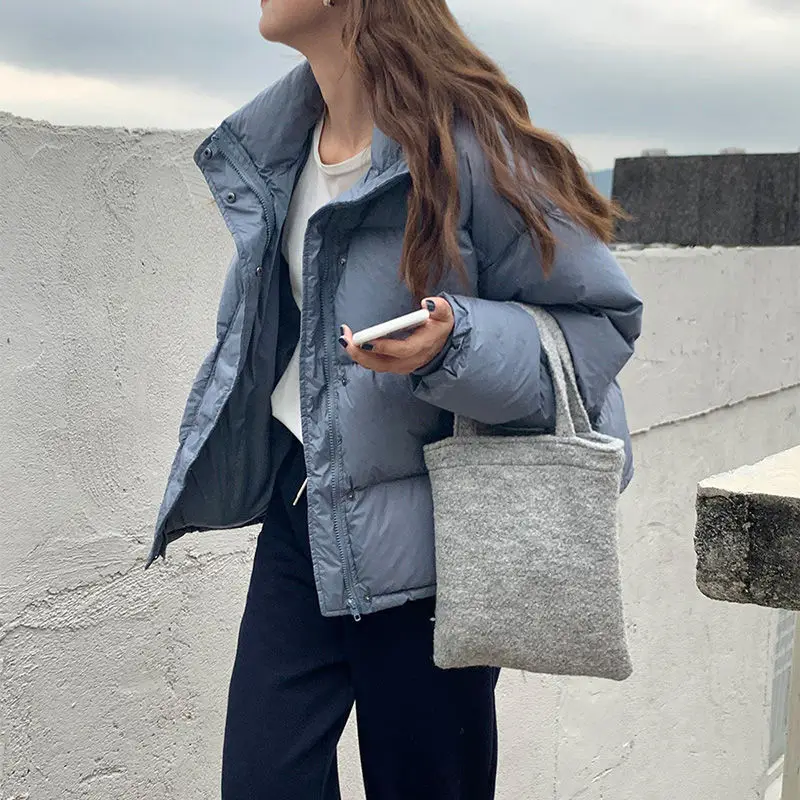 Korean Style 2023 Winter Jacket White Duck Down Women Stand Collar Female Down Coat Loose Womens Coats Pockets Ladies M02