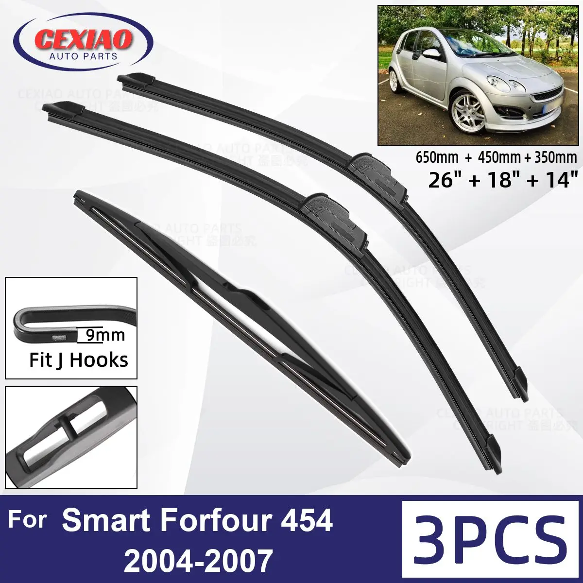 

For Smart Forfour 454 2004-2007 Car Front Rear Wiper Blades Soft Rubber Windscreen Wipers Auto Windshield 26"+18"+14" 2004-2007