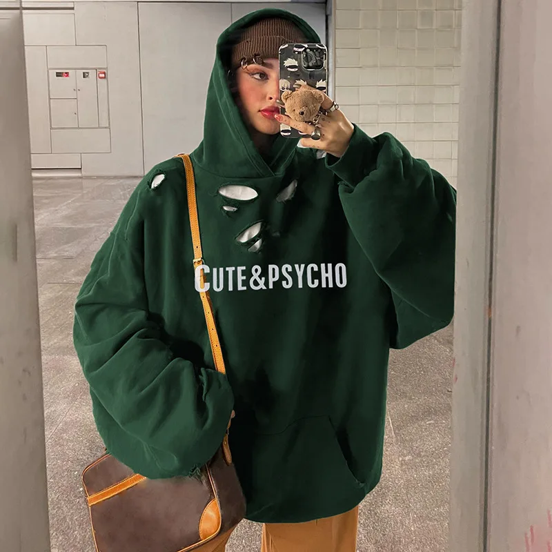 

Ripped Print Hoodie Punk Ladies Sweatshirt Vintage Loose Harajuku Gothic Grunge Y2k Ladies Top Streetwear Ladies