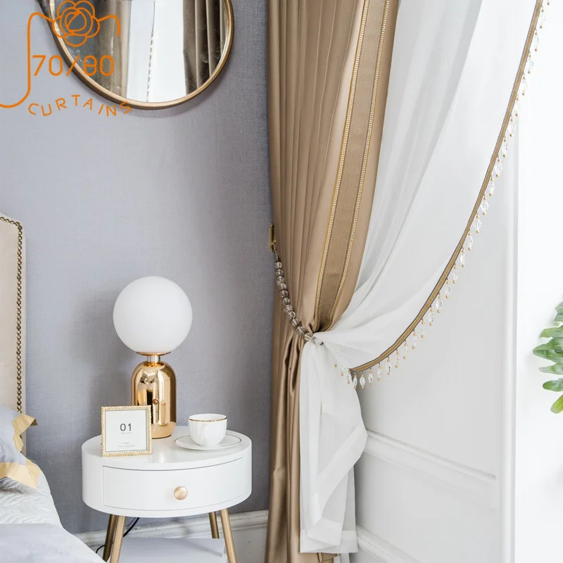 Light Luxury Silk Cotton Golden Brown Lace Stitching Blackout Curtains for Living Room Bedroom Finished Home Improvement
