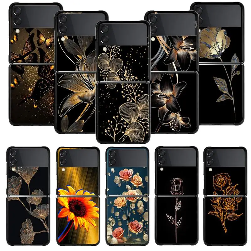 

Gold Flower Illustration Butterfly Rose Case For Samsung Galaxy Z Flip 4 Z Flip3 5G Case for Galaxy Z Flip PC Hard Shell Capa