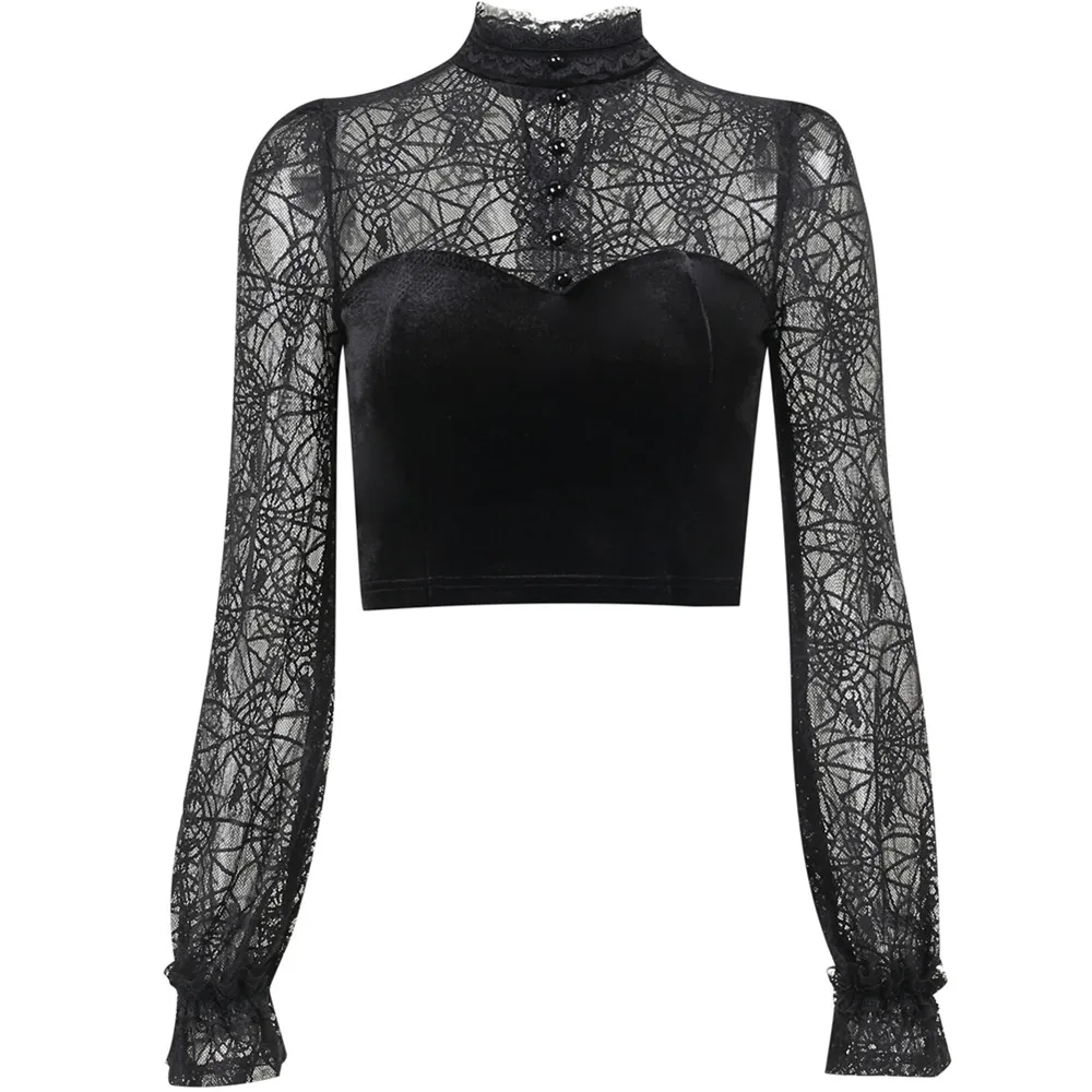 

Gothic T-shirts Long Sleeve Spider Web Print Velvet Crop Top Dark Academia Emo Alt Mall Goth Tees Club Partywear
